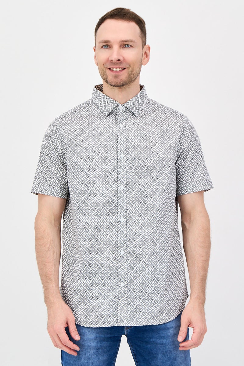 Karl Lagerfeld Men Regular Fit Allover Print Short Sleeve Casual Shirt, Grey - Image 1